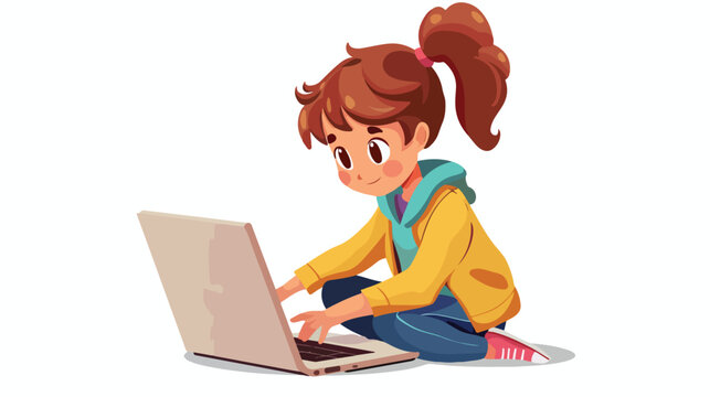 Kid girl student using laptop 2d flat cartoon vacto