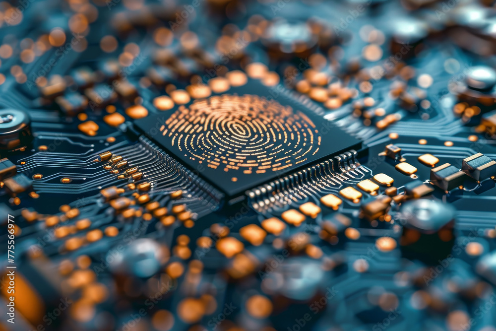 Poster a close up of a computer chip with a fingerprint on it