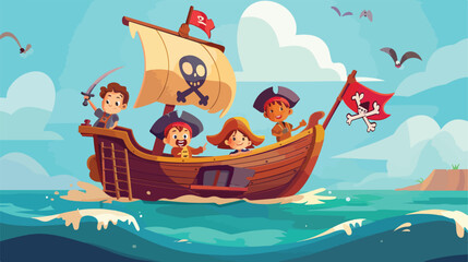 Kids in a pirate boat 2d flat cartoon vactor illust