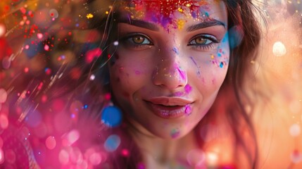 Obraz premium Holi festival of colors, splash of dry hues or paints or gulal on young beautiful woman in Indian dress