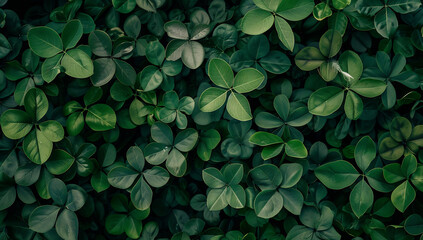 green background with dense leaves of clover in a top view - obrazy, fototapety, plakaty