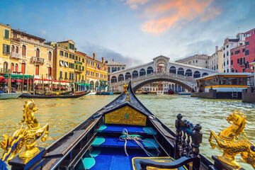 Panoramic view of famous Canal Grande with famous Rialto Bridge at sunset, Venice - 775567993