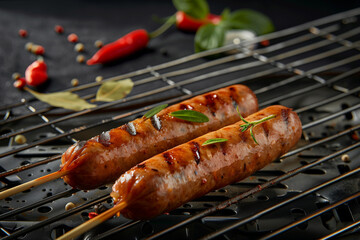 Two red hot dogs on wooden sticks being grilled over an open grill