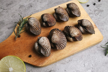 Fresh raw of pigeon clams on wooden cutting board with lemon 