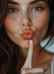 Fototapeta premium A close-up shows a young woman with blue eyes and brown hair bringing her index finger to her lips in a shushing gesture
