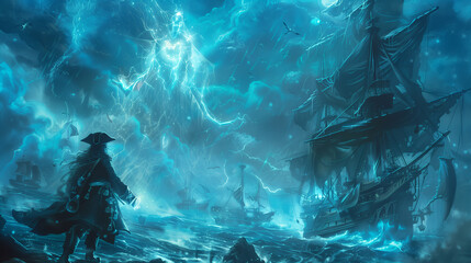 Ghostly pirate watches a fleet of ships in a storm and fog, power over the sea, challenge courage