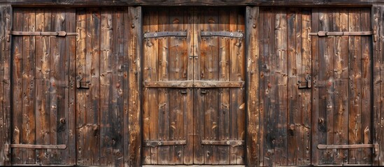 A close up of a wooden door with two open shutters