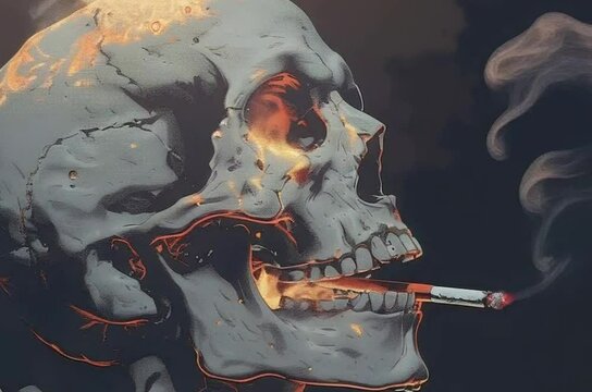 A skull exhaling smoke through clenched teeth, a lit cigarette hanging loosely, midnight aura