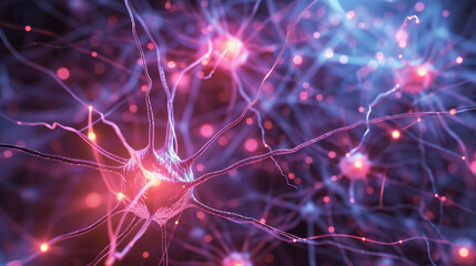 Digital art of a neural network with neurons and synapses in pink and purple hues,ai generated