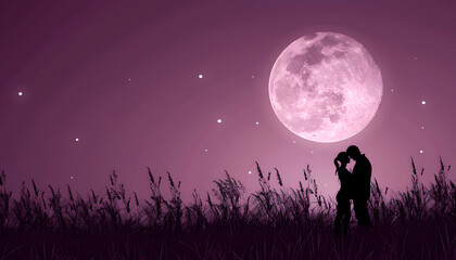 A couple embraces under the purple sky, kissing in front of the full moon - obrazy, fototapety, plakaty