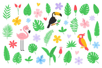 Cute tropical summer exotic elements. Palm and banana leaves, flowers, bird of paradise, hibiscus, toucan, flamingo, parrot. Jungle icon set. Flat vector illustration