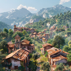 Fototapeta na wymiar Serenely Beautiful: Rustic town nestled in the Heart of Verdant Mountains under Blue Sky
