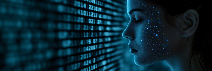 blue binary background, woman with her eyes closed