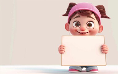 3D cartoon girl character holding blank paper on sign. 3D display. Advertisement illustrations
