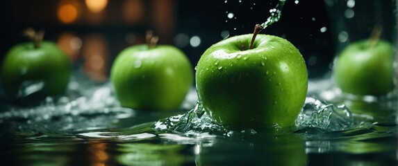 green apple, sinking in water tank, product advertising drip, closeup photograph