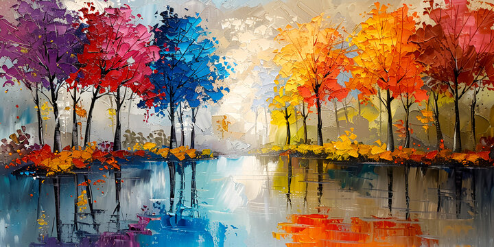 Abstract colorfull tree with lake oil painting on canvas
