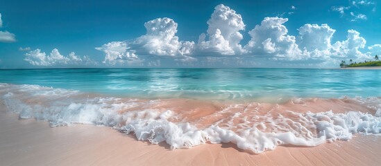 Beautiful white sand beach and calm waves of the turquoise ocean on a sunny day on the background of white clouds in the blue sky. Beautiful colors. Natural landscape.
