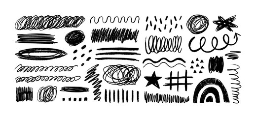 Crayon Pencil Scribble Textures and Shapes. Children's Charcoal Hand Drawn Doodle Scratches. Vector Elements of Waves, Squiggles, Circles, Lines, Dots, Star, Scratches for Patterns, Templates, Design - 775571344