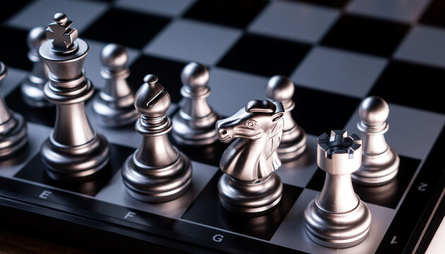 Close-up of silver chess set on chessboard.