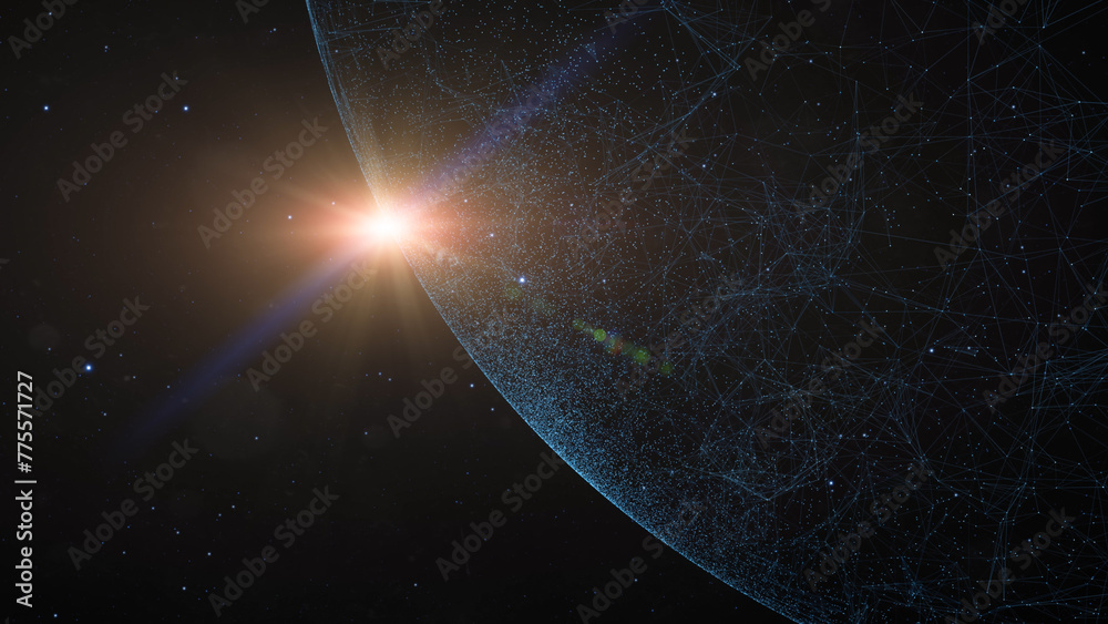 Wall mural abstract universe with shining sun star and 3d planet illustration.