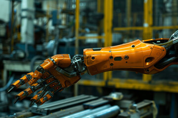 A robotic arm with orange and black parts is shown in a factory setting