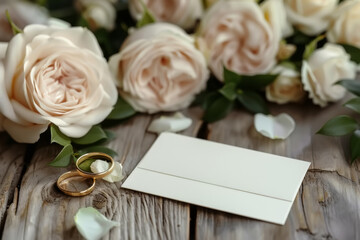 Two wedding rings and a greeting card mockup on a wooden table, wedding