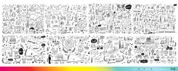 Collection of hand drawn cute doodles,Doodle children drawing,Sketch set of drawings in child style,Funny Doodle Hand Drawn,Page for coloring, cute animal