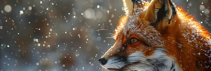 Orange Fox Peeking out of Snow in Low Sun,
Beautiful vulpes fox against the backdrop of a snowy winter forest with a bushy tail hunting in the
 - obrazy, fototapety, plakaty