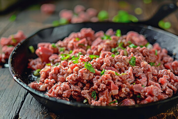 Hand-Prepared and Abundantly Placed: Finely Chopped Ground Meat in an Iron Skillet