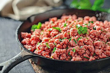 Hand-Prepared and Abundantly Placed: Finely Chopped Ground Meat in an Iron Skillet
