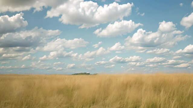 video field with dry grass, blue sky and white clouds