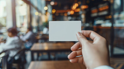 Hand hold blank white card mockup with rounded corners. Plain call-card mock up template holding arm. Plastic credit namecard display front. Check offset card design. Business branding. 