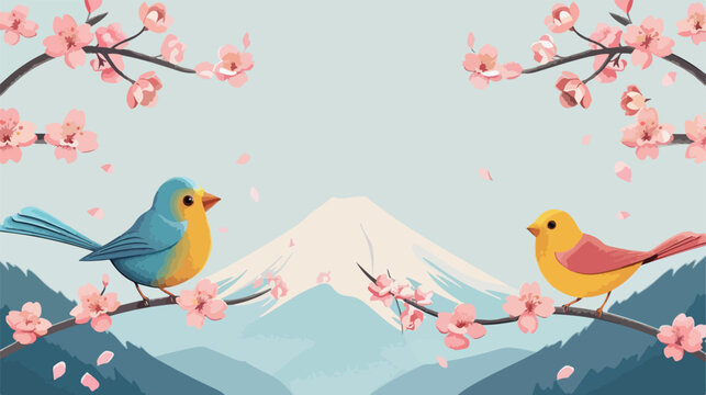 Lovely birds with cherry tree and mountain backgrou