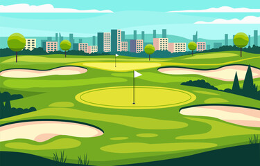 Flat Design of Green Golf Field Course with Cityscape in Bright Day