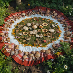 a red and white plate with shells on it