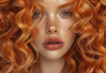 Face of fashionable female model with orange-red curly hair, female model with fashionable makeup, makeup advertisement, hair salon advertisement, skin care products - obrazy, fototapety, plakaty
