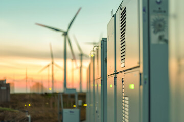 Close-up of innovative battery technologies against a backdrop of wind turbines, synergy between renewable energy sources and storage solutions in a power system. - obrazy, fototapety, plakaty