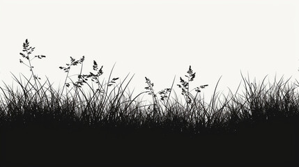 Wildflowers field. Monochrome background with black silhouette of meadow wild herbs and reed. Summer backdrop.