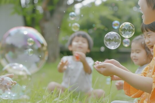 Children blowing soap bubbles and playing in the park in spring and summer, Children blowing bubbles and playing in the park, Children holding soap bubbles