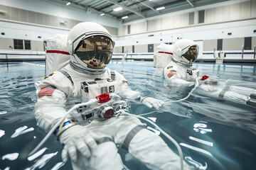 Zero Gravity Training Facility: Astronauts in a specialized training pool, simulating zero gravity.