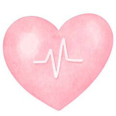 Pink heart shape with white cardiogram line medical symbol watercolor illustration png