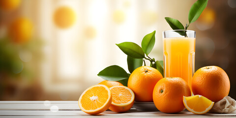 Orange juice in a glass with green leaves delicious juice cold drink on blured background