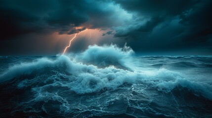 A night storm raging over the ocean, depicted with menacing giant waves and striking lightning illuminating the scene. The artwork captures the formidable power of nature, AI Generative - obrazy, fototapety, plakaty