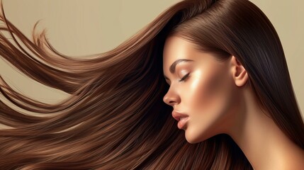 A photograph of a beautiful woman with long sleek hair, capturing the shine and smooth texture, AI Generative