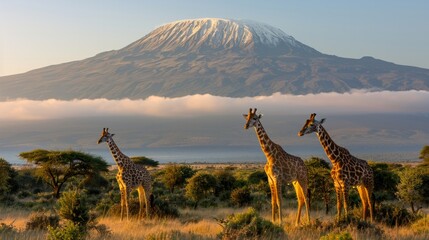A trio of giraffes, with the imposing Mount Kilimanjaro rising behind, AI Generative - obrazy, fototapety, plakaty