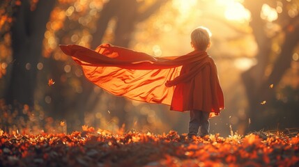 Child playing as a superhero, vibrant playground setting, embodying bravery and adventure, late afternoon glow, soft focus, AI Generative - obrazy, fototapety, plakaty