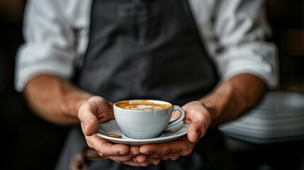 Close-up of a waiter hand offering a freshly brewed coffee, black apron sharply contrasted, a gesture of impeccable service, AI Generative