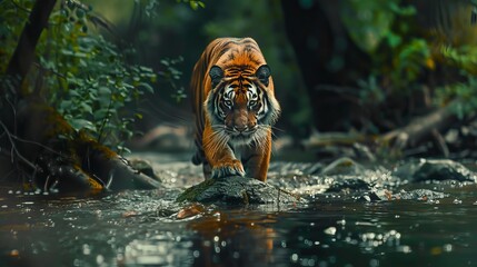 A majestic Amur tiger strolling through the water, showcasing the beauty of the taiga in Russia. The wild cat is seen in a lush green forest stream, with a backdrop of grey stones and river droplets - obrazy, fototapety, plakaty