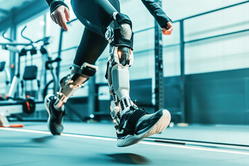A person with bionic limbs engaging in a high-intensity workout, adaptability of biomechanical enhancements in active lifestyles. - obrazy, fototapety, plakaty