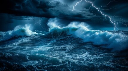 Dramatic night sea landscape featuring a tempestuous storm, with towering gloomy waves crashing under the flash of lightning. The scene is set under a dark, cloudy sky, AI Generative - obrazy, fototapety, plakaty